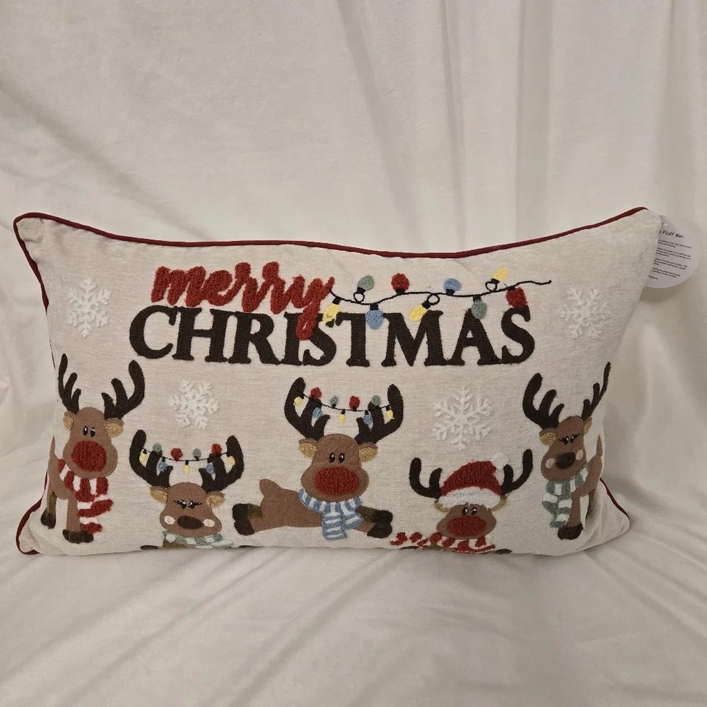 Holiday Reindeer Pillow with Red and Brown Accents